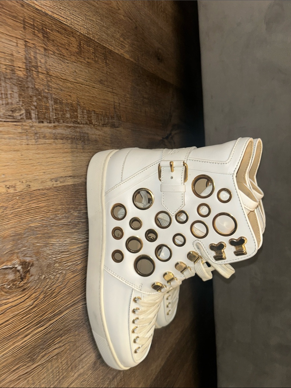 Men’s Ivory High-Top Sneakers with Gold Eyelet Accents